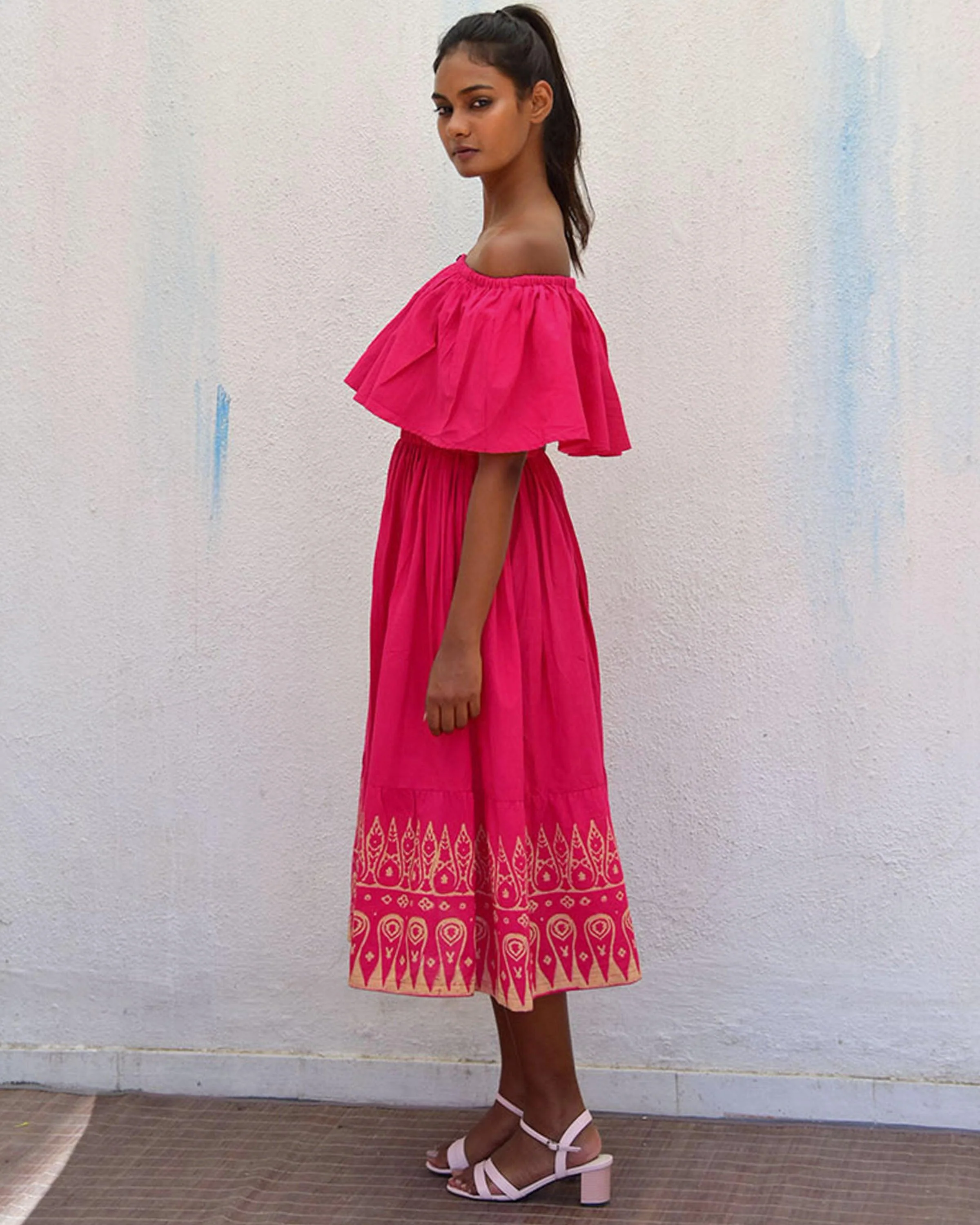 Rani Off Shoulder Handblockprinted Cotton Dress-Sor - Image 6