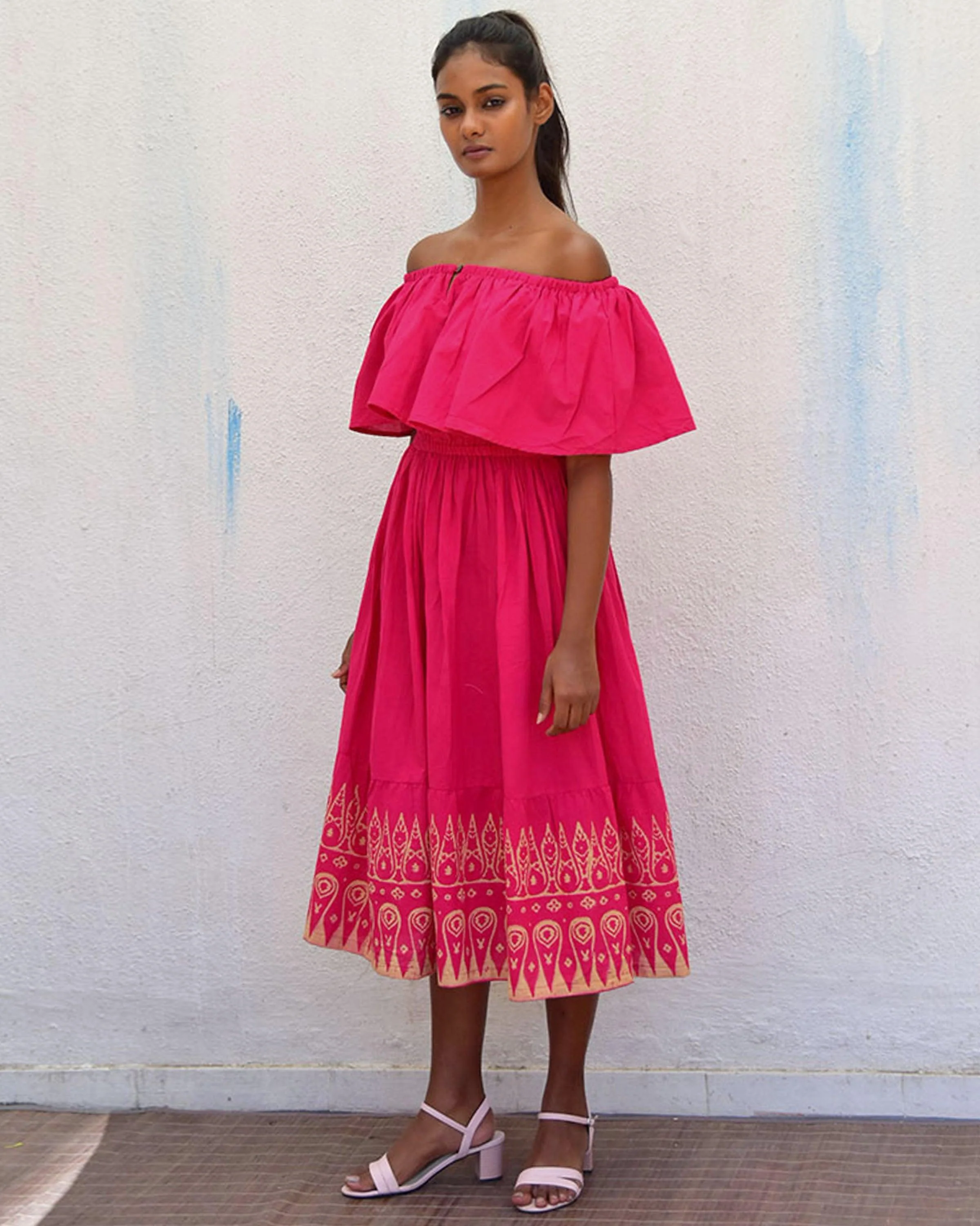 Rani Off Shoulder Handblockprinted Cotton Dress-Sor - Image 8