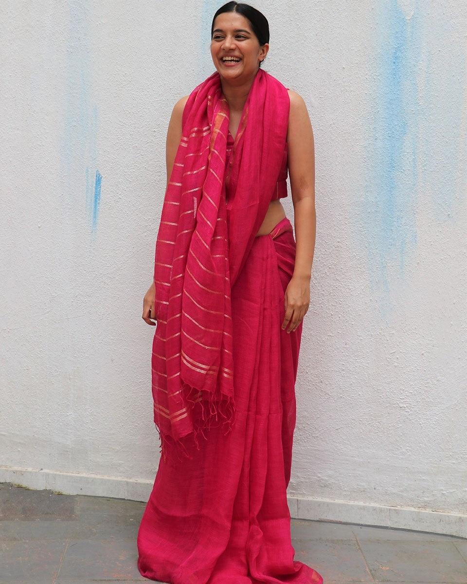 Azalea Fantasy Handwoven Linen Saree - Everyday Beautiful - Image 3