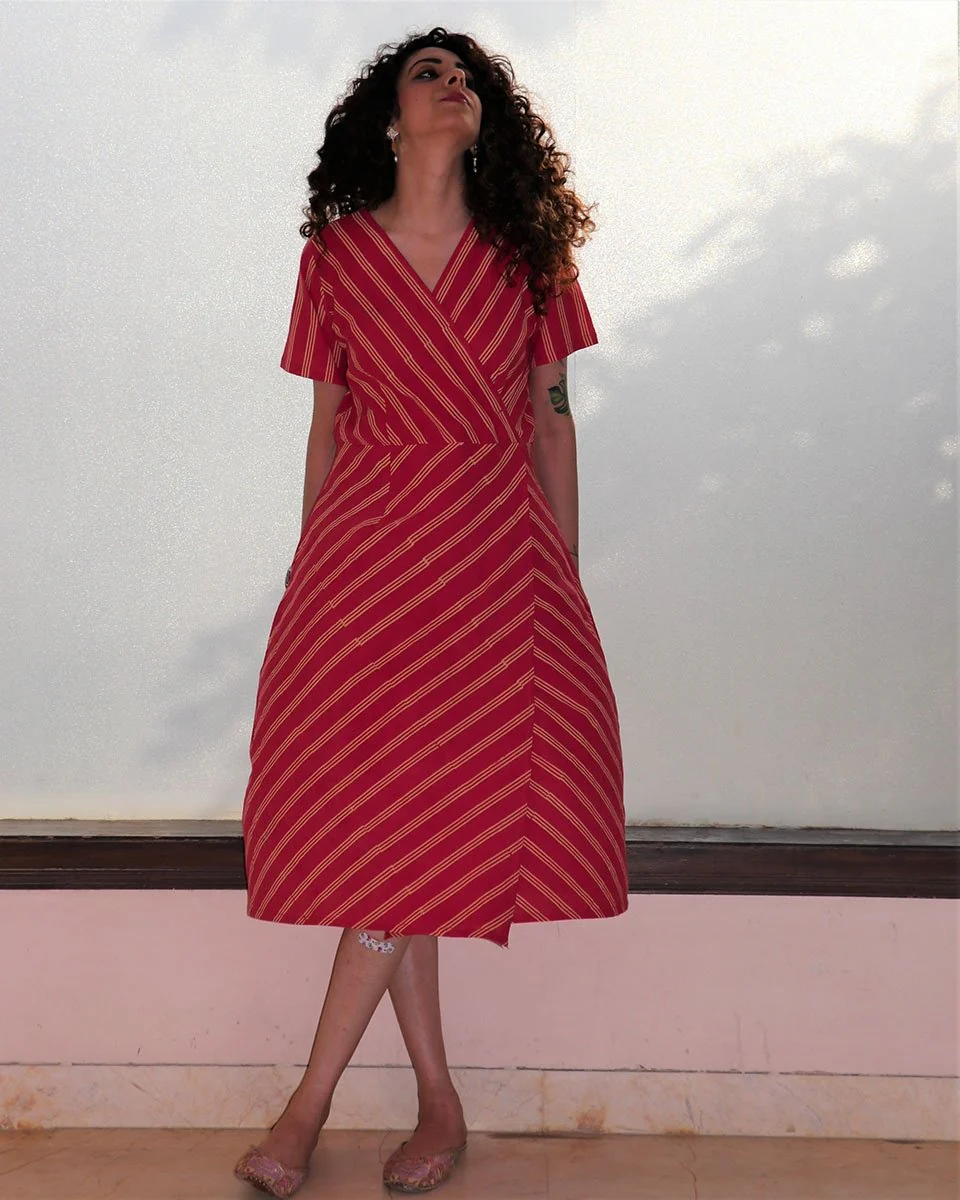 Rani Stripe Overlap Blockprinted Cotton Dress