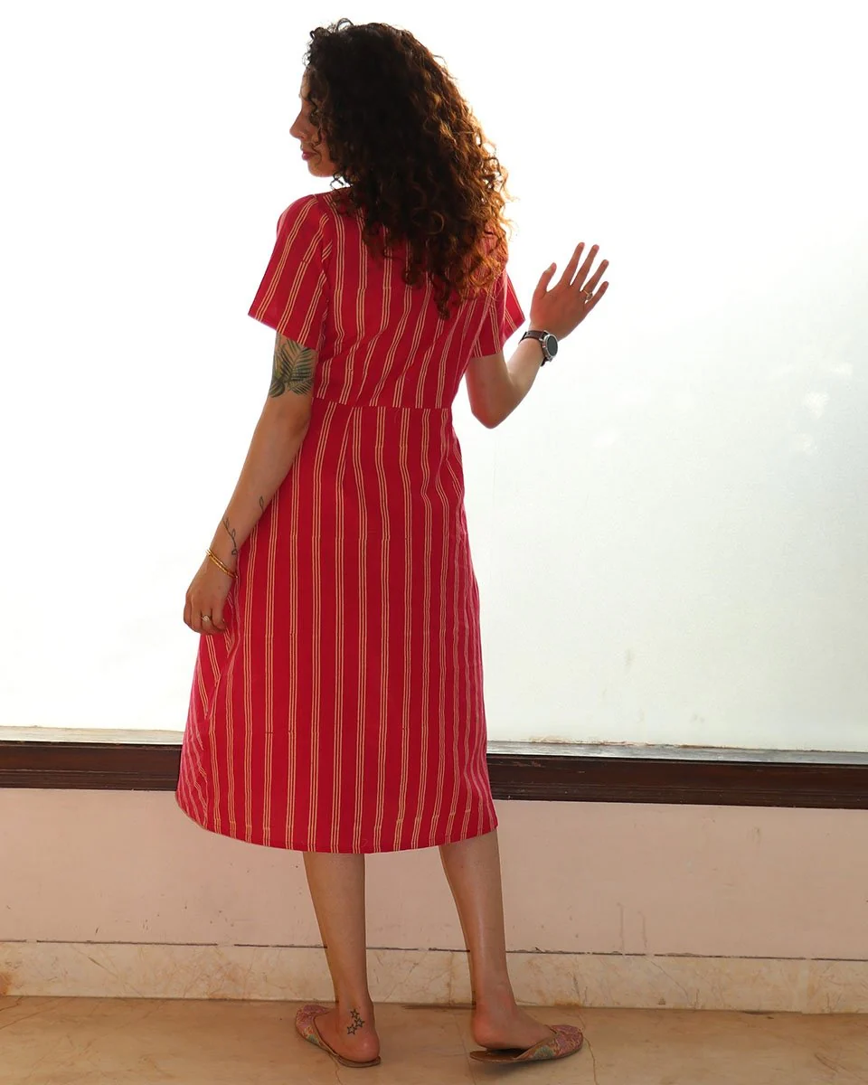 Rani Stripe Overlap Blockprinted Cotton Dress - Image 3