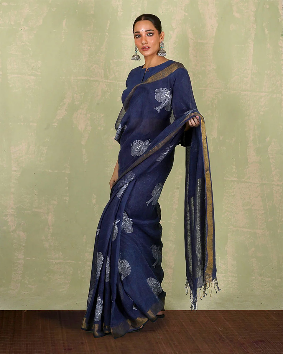 Rasiya Blue Handblock Print Linen Saree - INDI - Image 10