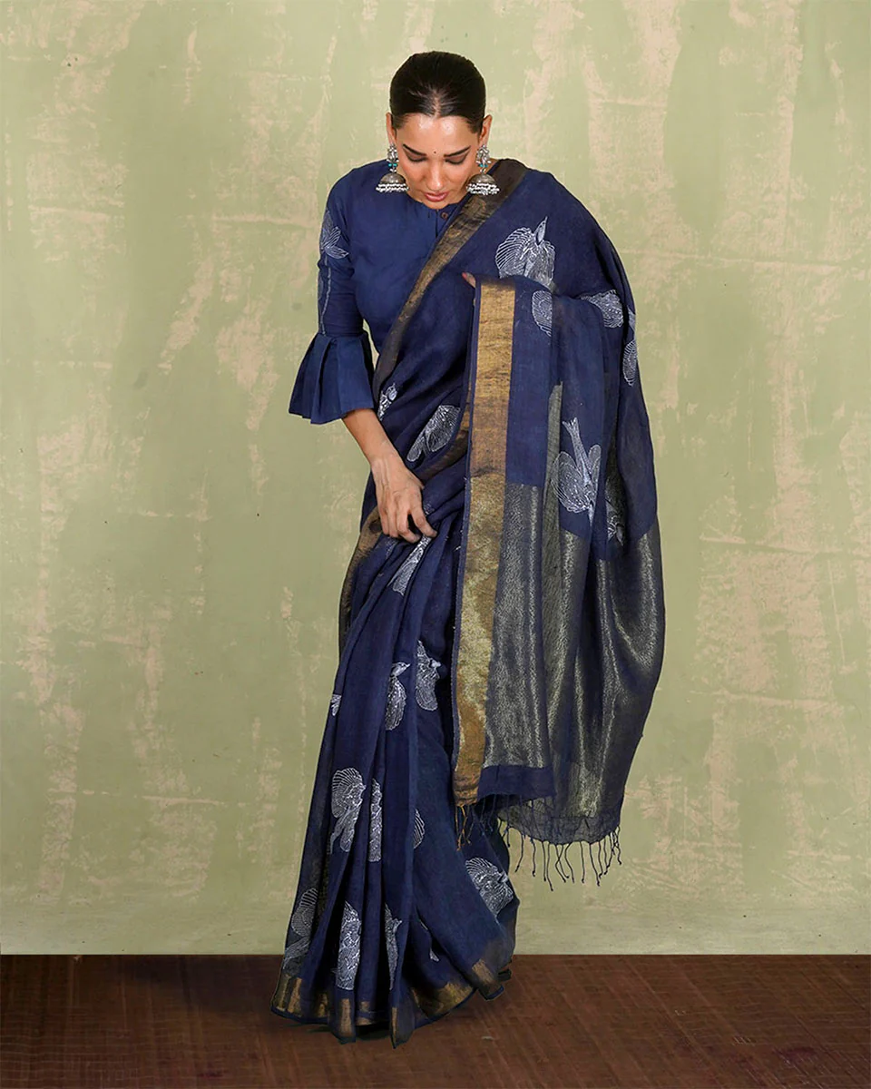 Rasiya Blue Handblock Print Linen Saree - INDI - Image 2