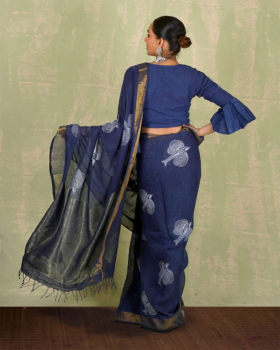 Rasiya Blue Handblock Print Linen Saree - INDI - Image 3