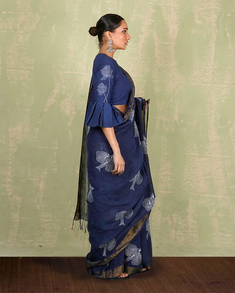 Rasiya Blue Handblock Print Linen Saree - INDI - Image 4