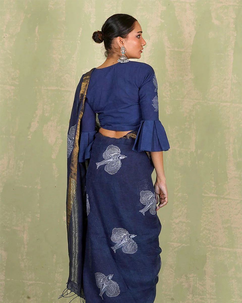 Rasiya Blue Handblock Print Linen Saree - INDI - Image 5