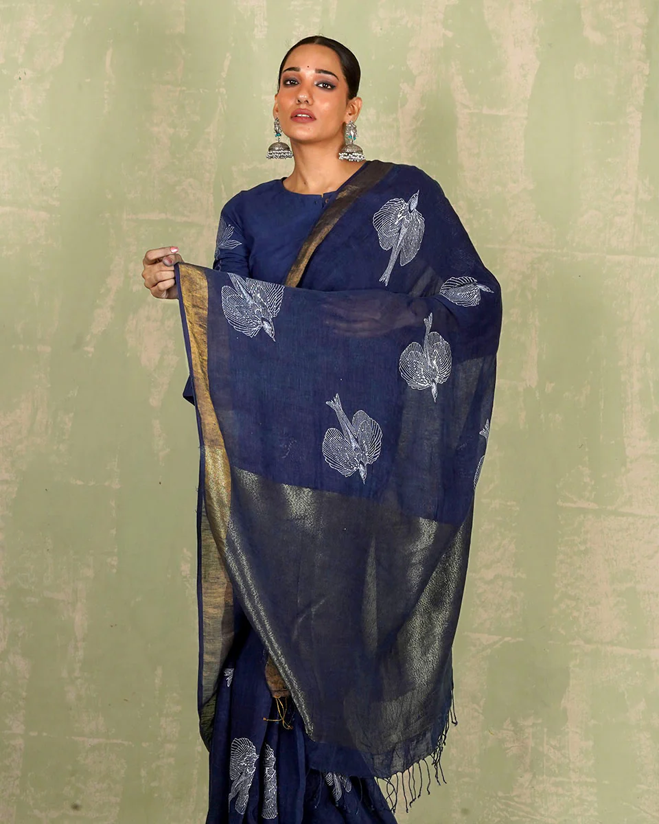 Rasiya Blue Handblock Print Linen Saree - INDI - Image 8