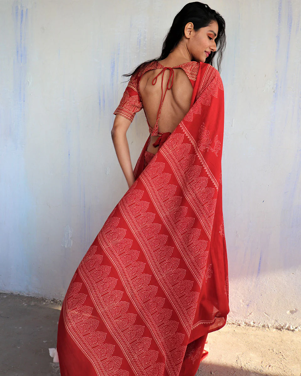 Cynthia Hand Blockprinted Cotton Saree- Butterfly Girls - Image 10