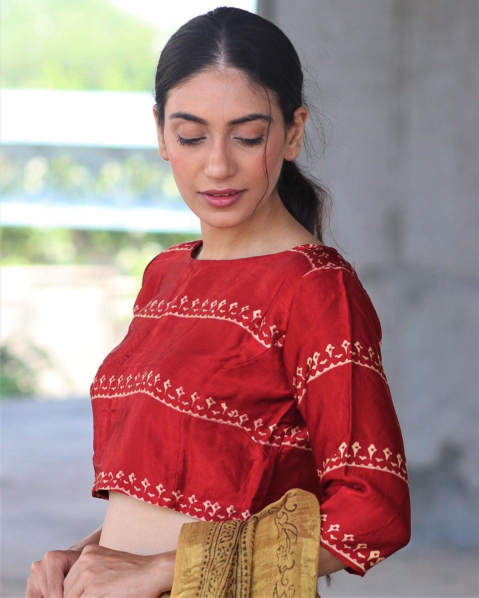 Red Block Printed Blouse In Mashru Silk - Image 2