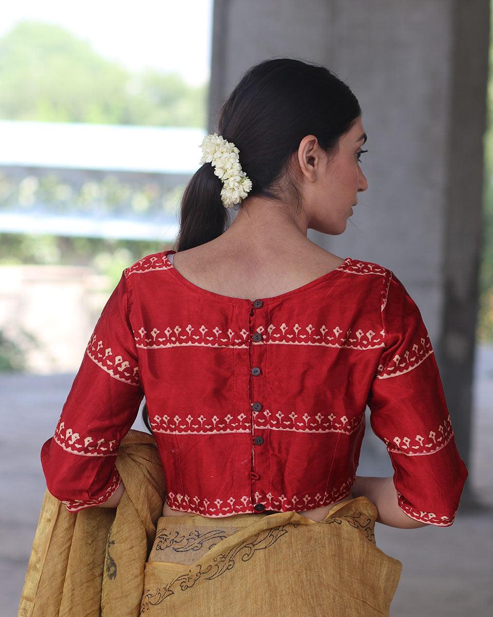 Red Block Printed Blouse In Mashru Silk - Image 4