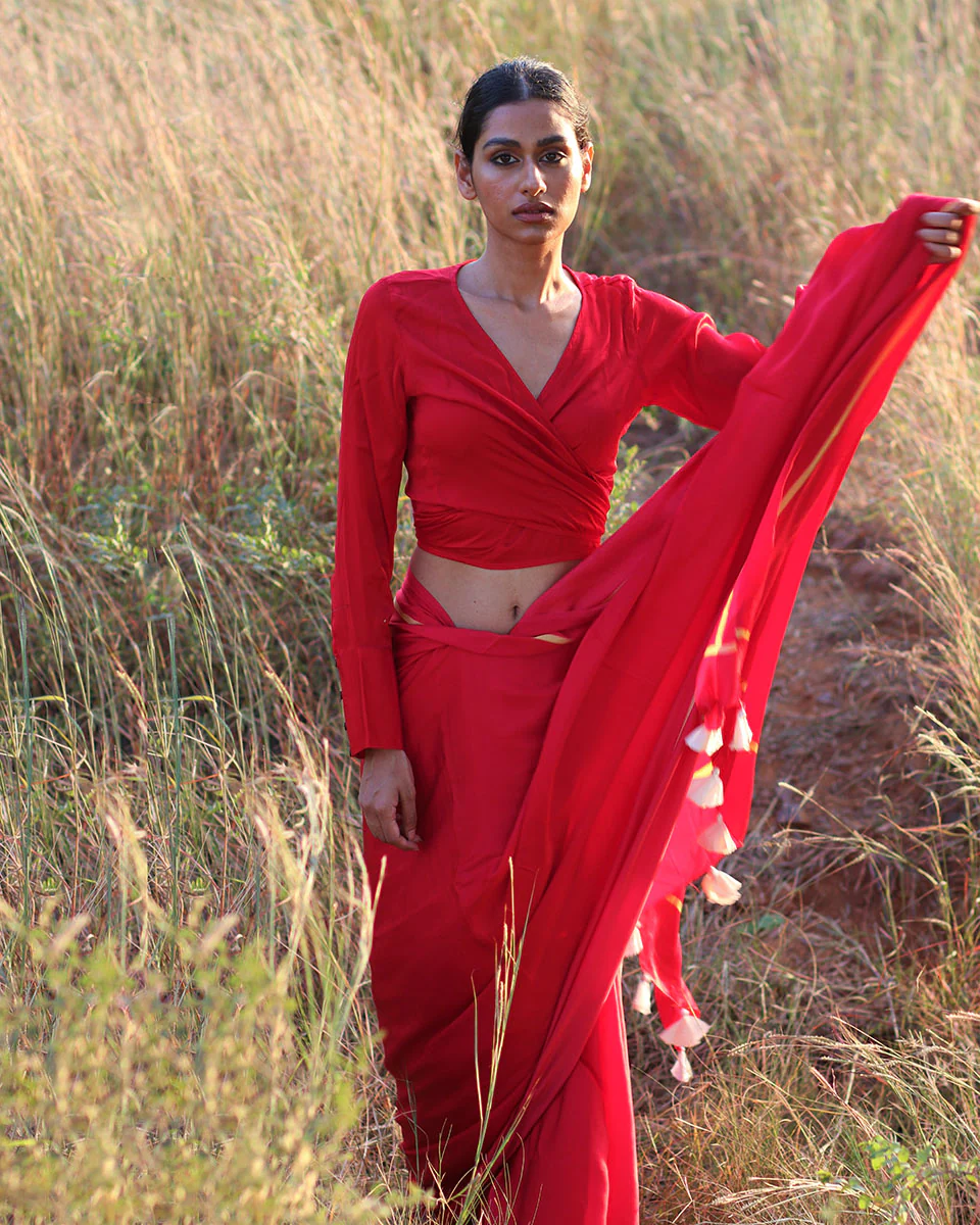 Red Blockprinted Modal Silk Saree - Rang - Image 4