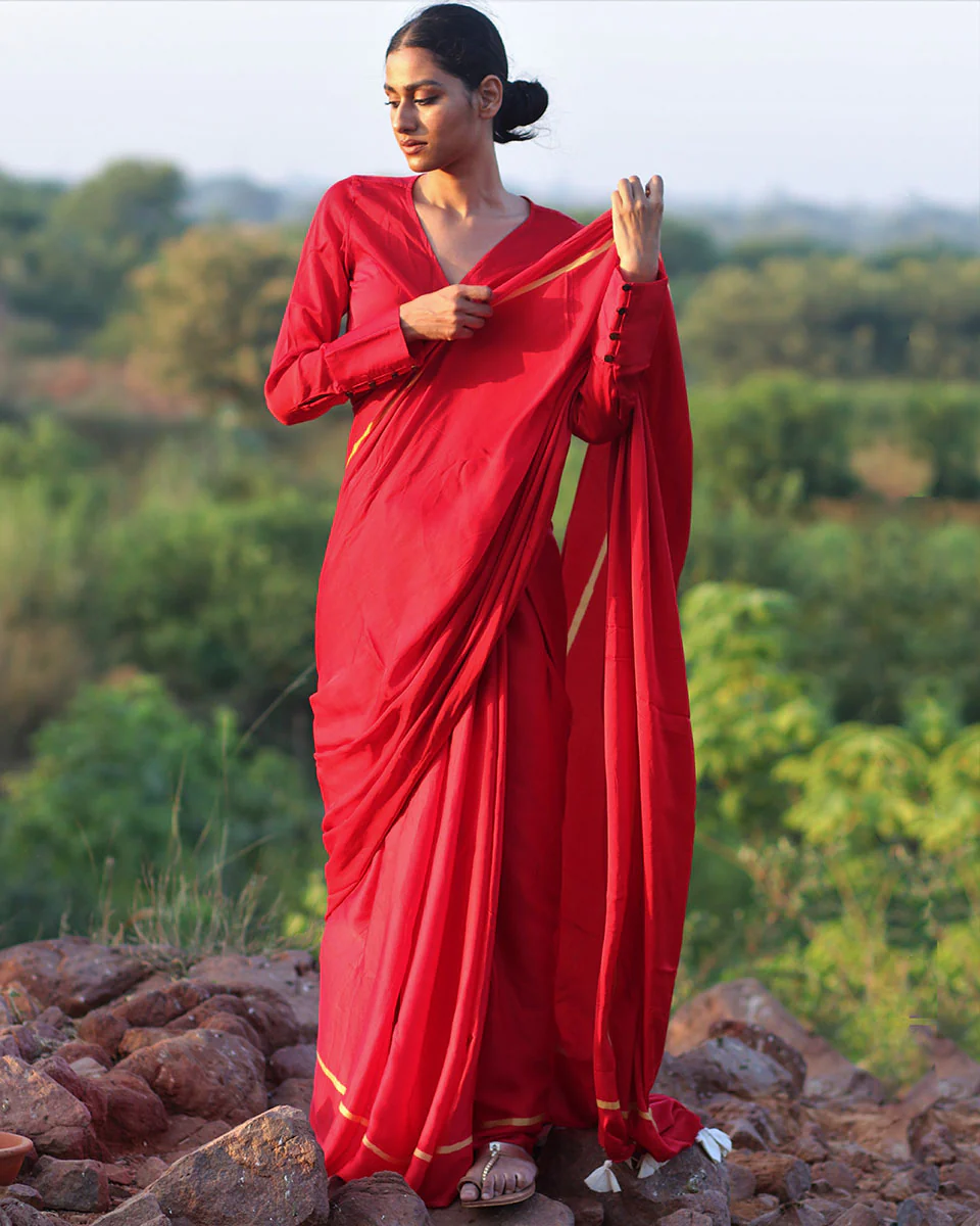 Red Blockprinted Modal Silk Saree - Rang - Image 6