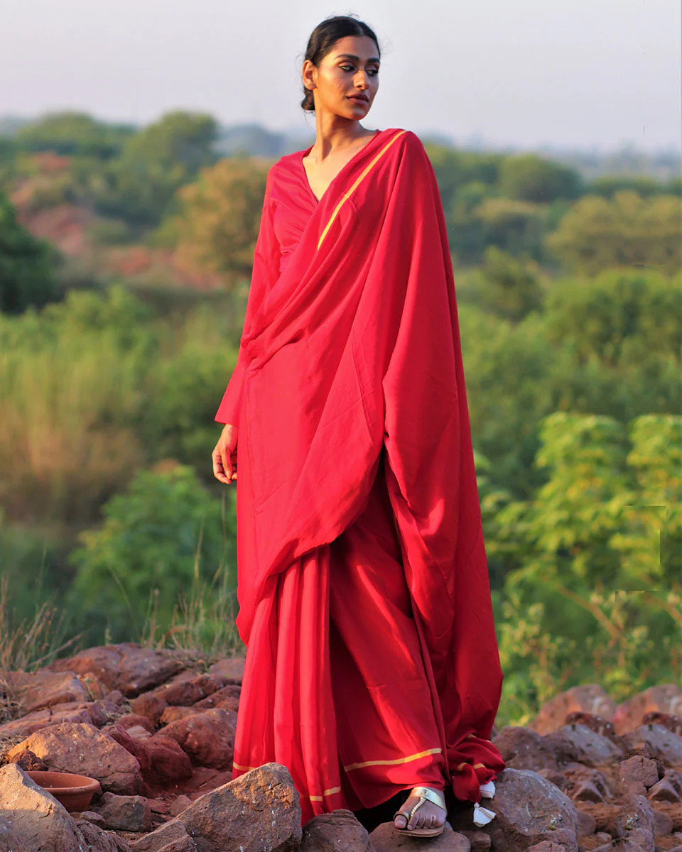 Red Blockprinted Modal Silk Saree - Rang - Image 7