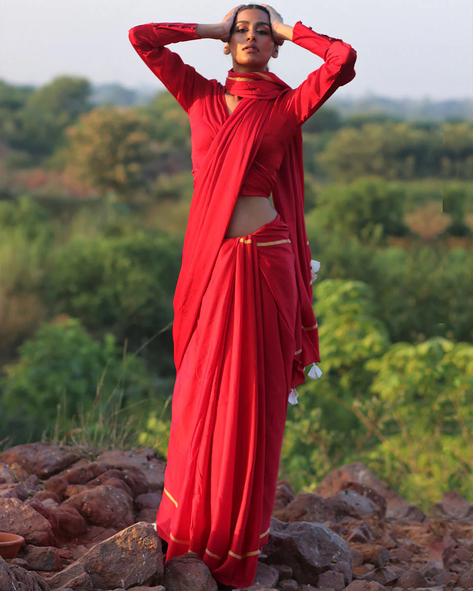 Red Blockprinted Modal Silk Saree - Rang - Image 8