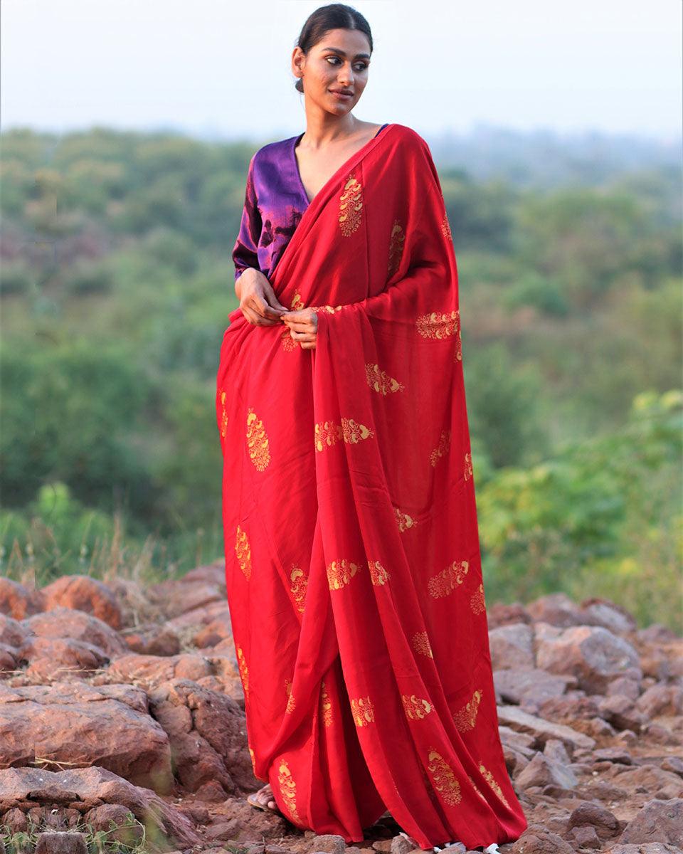 Red Block printed Modal Silk Saree - Rang - Image 7