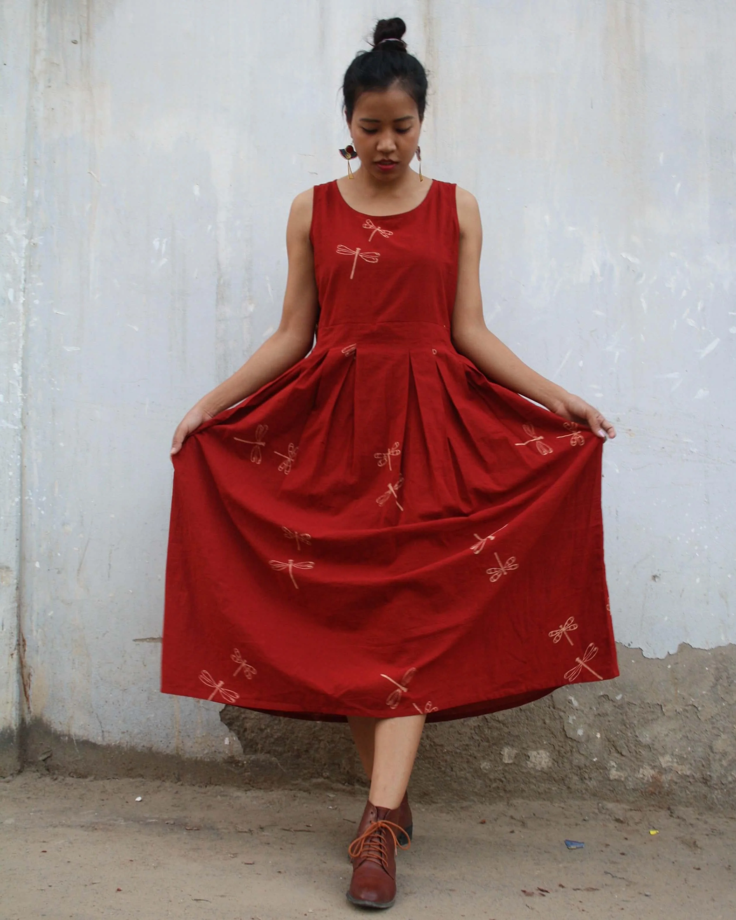 Red Dragonfly Blockprinted Cotton Dress
