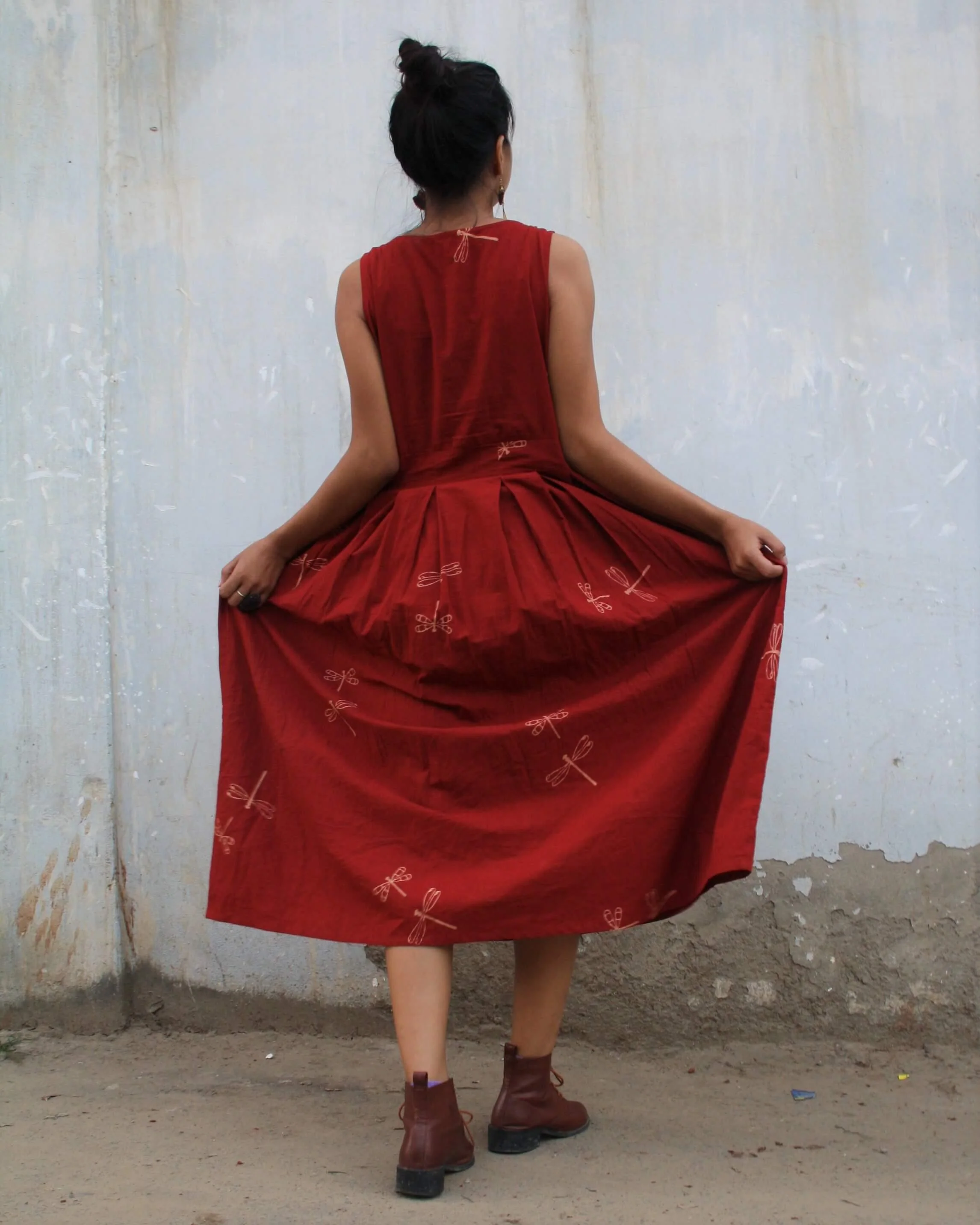 Red Dragonfly Blockprinted Cotton Dress - Image 2