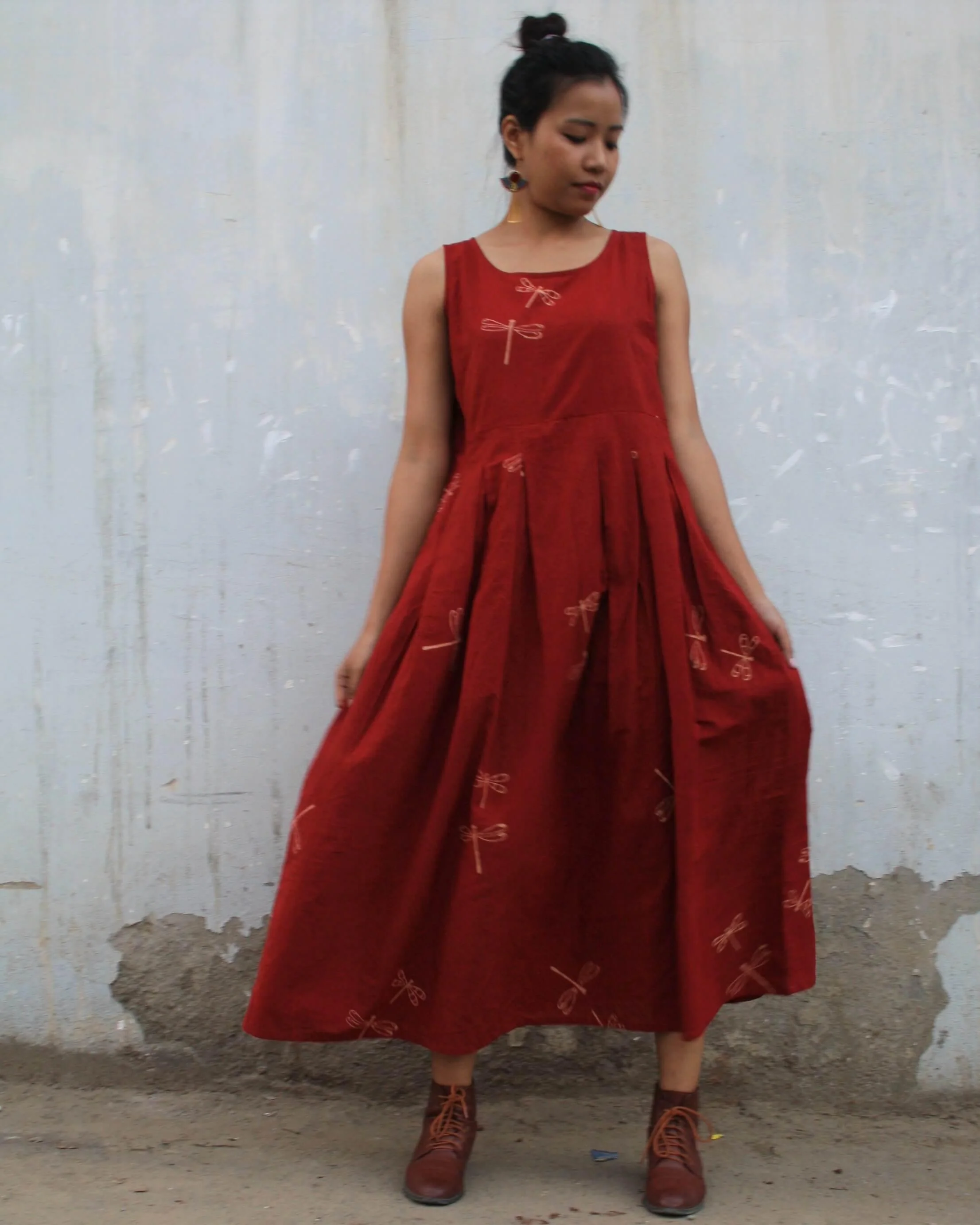 Red Dragonfly Blockprinted Cotton Dress - Image 4