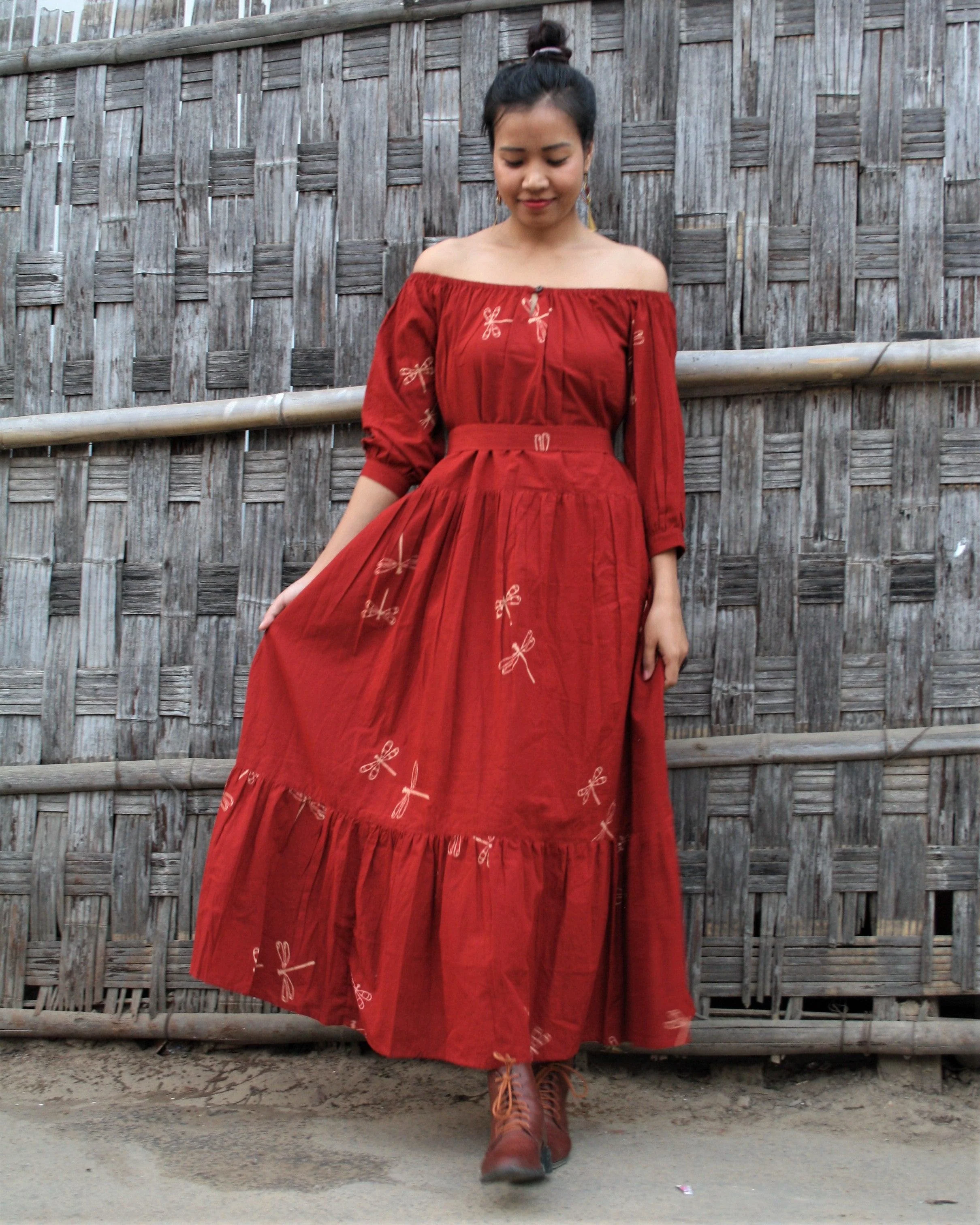 Red Dragonfly Blockprinted Offshoulder Cotton Dress