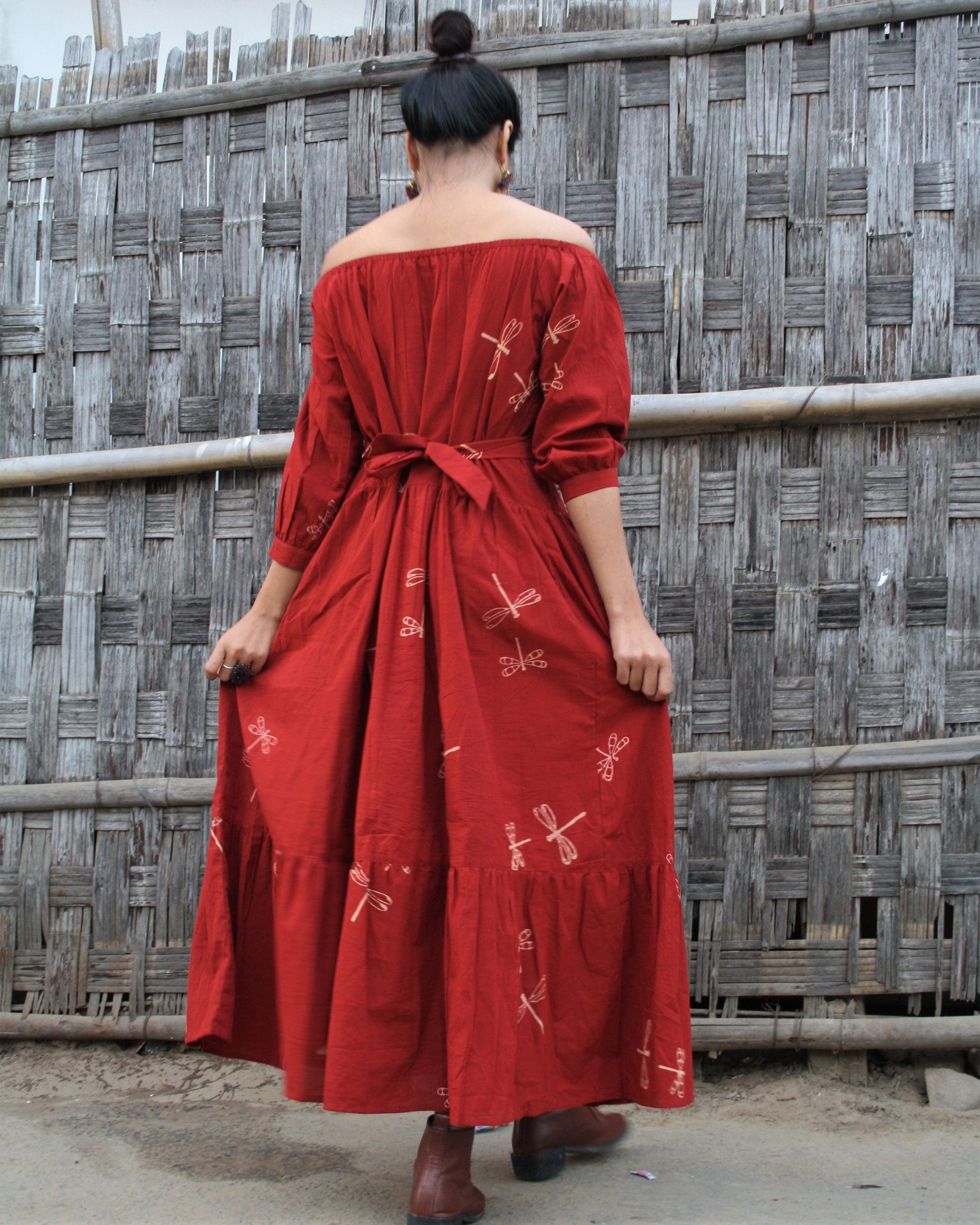 Red Dragonfly Blockprinted Offshoulder Cotton Dress - Image 2