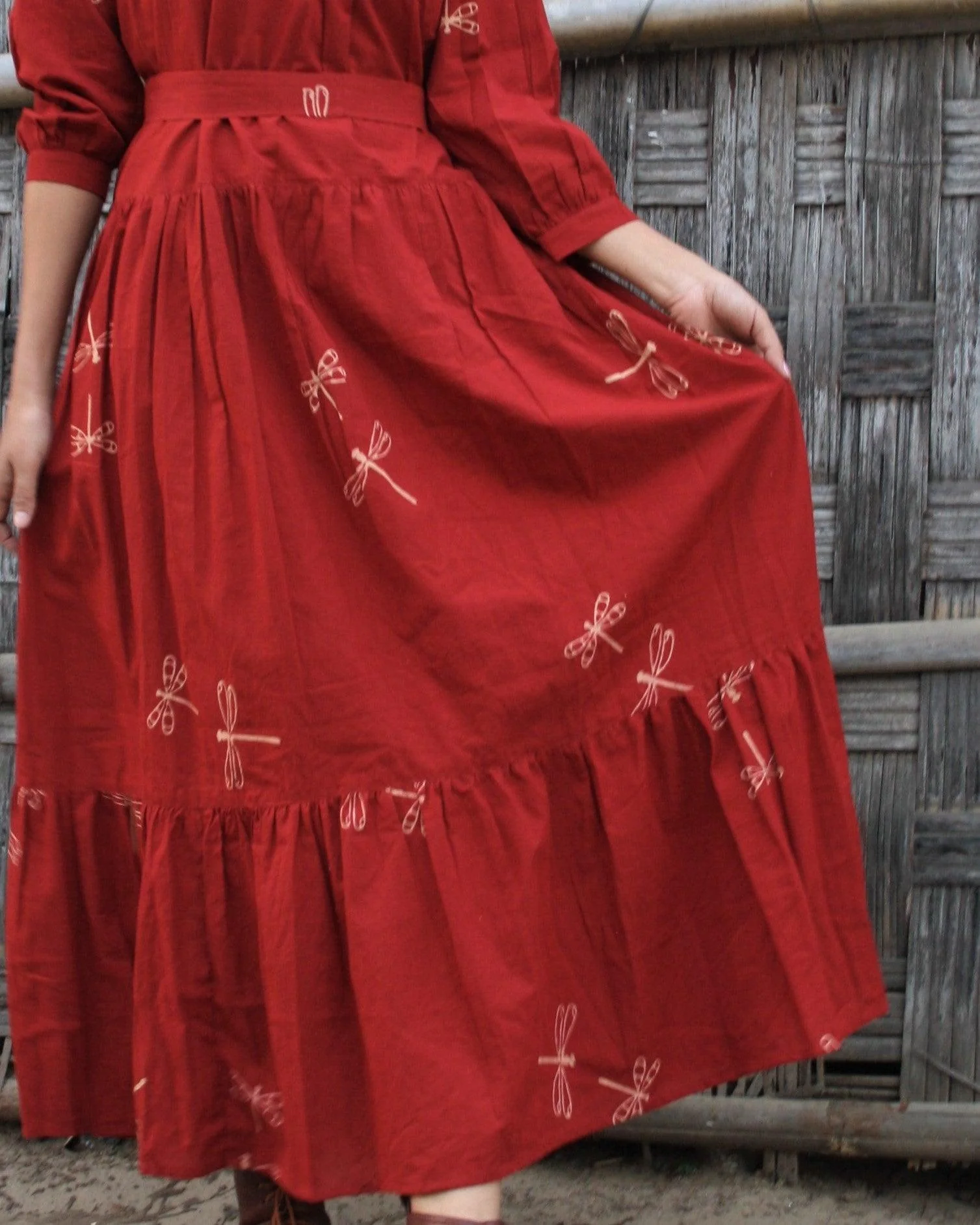 Red Dragonfly Blockprinted Offshoulder Cotton Dress - Image 4