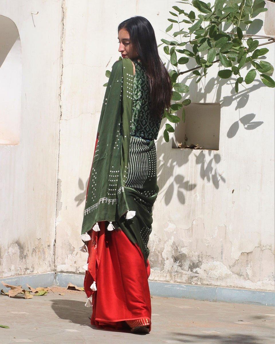 Red-Green Block Printed Modal Silk Saree - Image 4