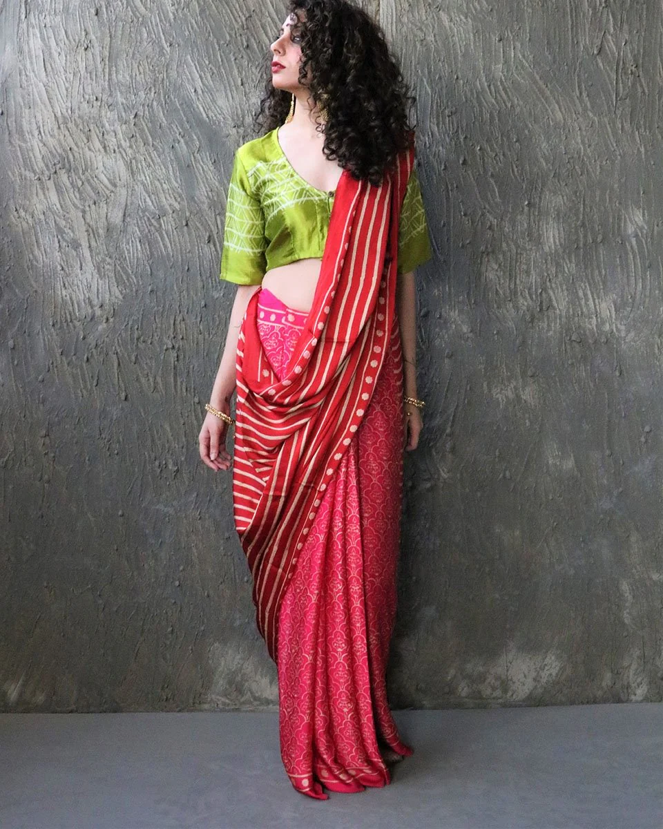 Red-Rani Blockprinted Modal Silk Saree - Image 2