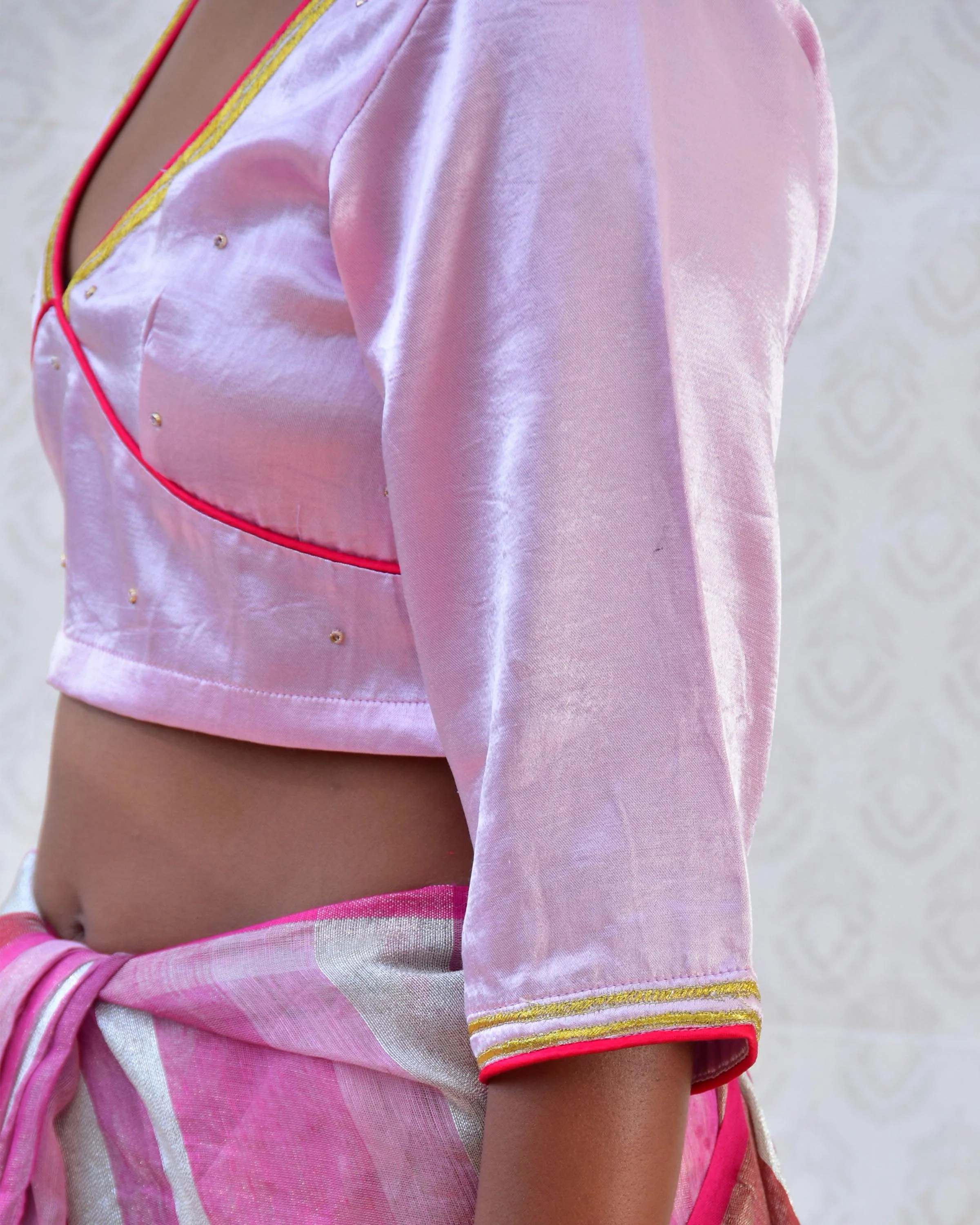 Regal Pink Hand Embroidered Mashru Silk Blouse - Bgvl - Image 5