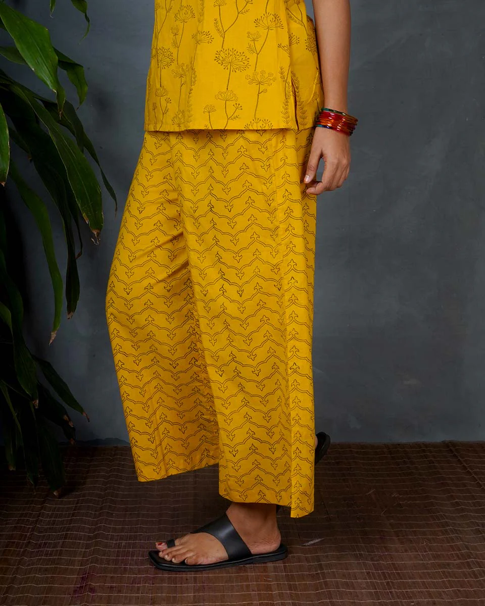 Rhea Yellow Hand Block Printed Cotton Bottom Pant-MYA