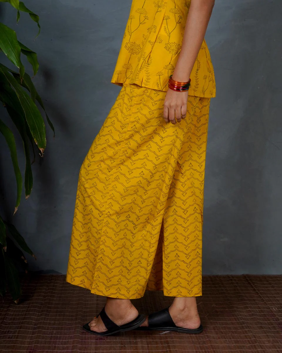 Rhea Yellow Hand Block Printed Cotton Bottom Pant-MYA - Image 2