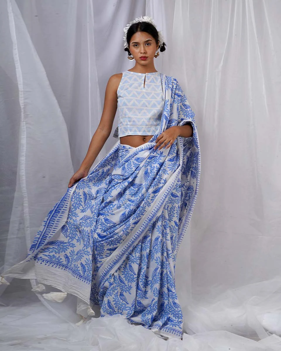 Rimi Ivory Hand Block Printed Saree-BAD