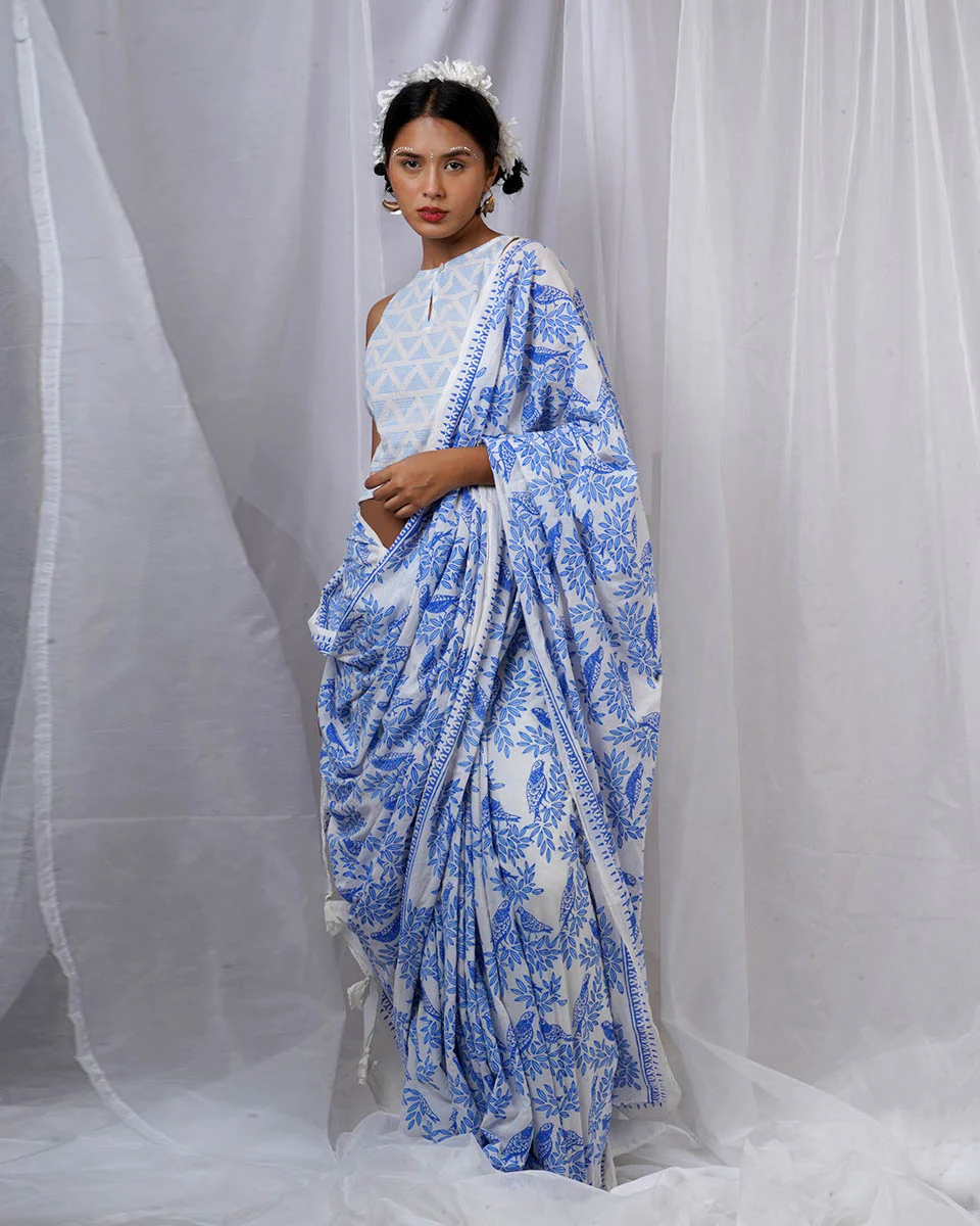 Rimi Ivory Hand Block Printed Saree-BAD - Image 7