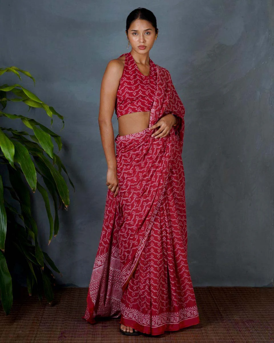 Roopika Red Hand Block Printed Cotton Saree-MYA