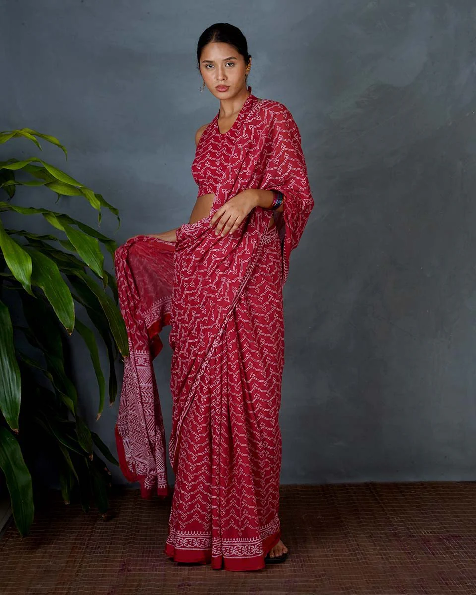 Roopika Red Hand Block Printed Cotton Saree-MYA - Image 11