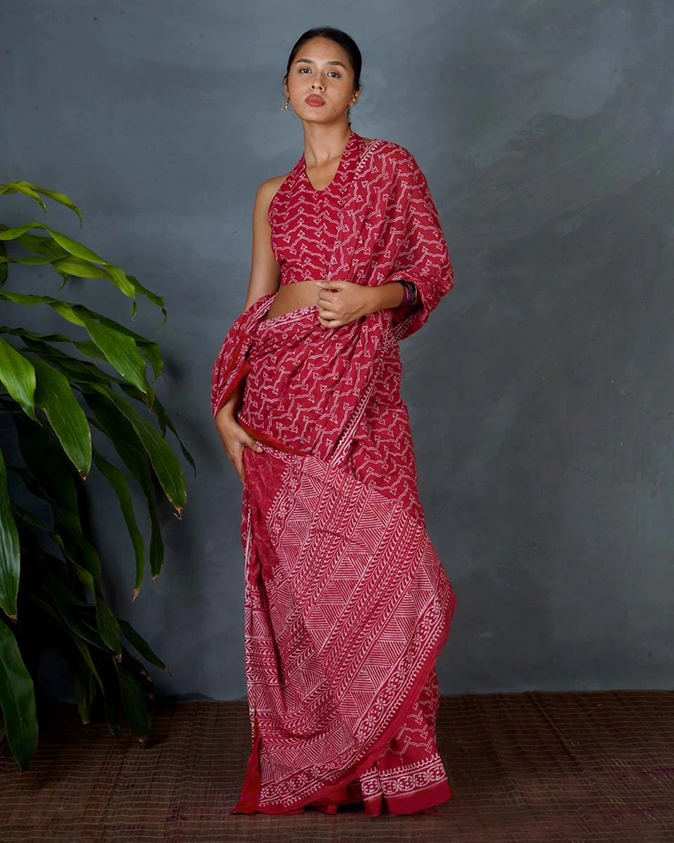Roopika Red Hand Block Printed Cotton Saree-MYA - Image 2