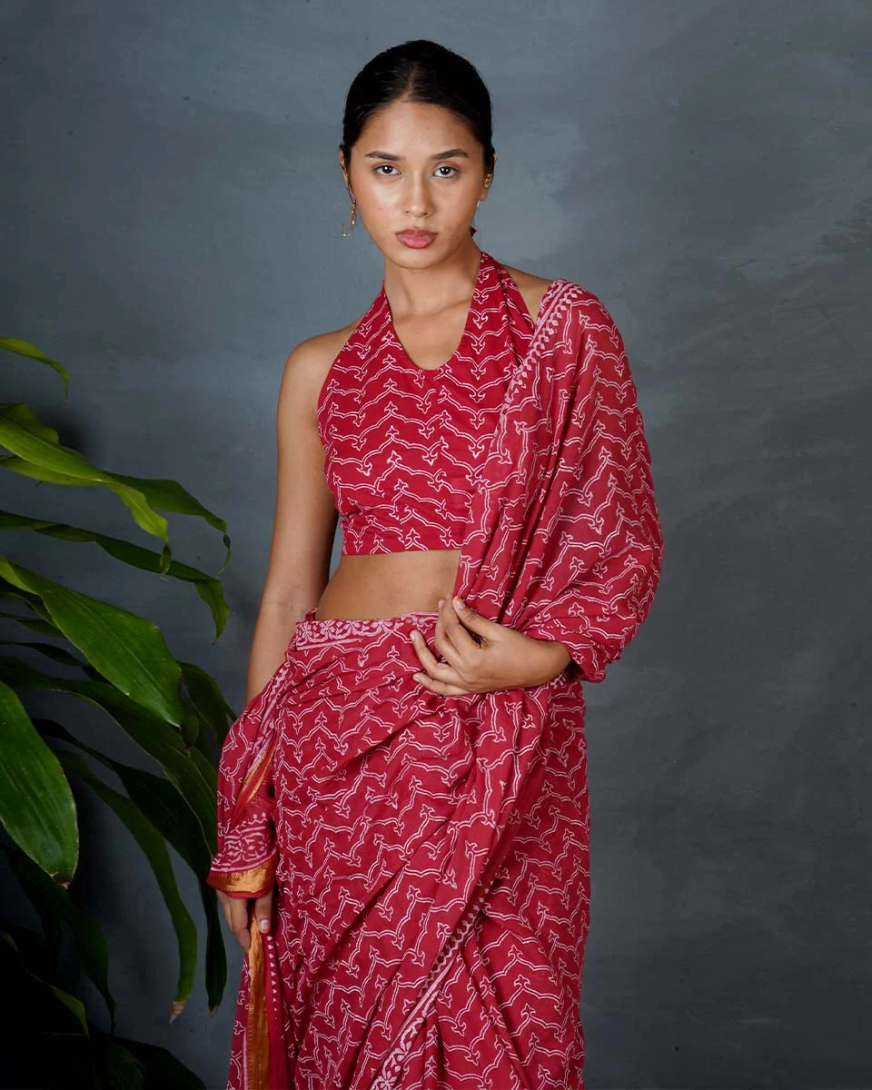 Roopika Red Hand Block Printed Cotton Saree-MYA - Image 4