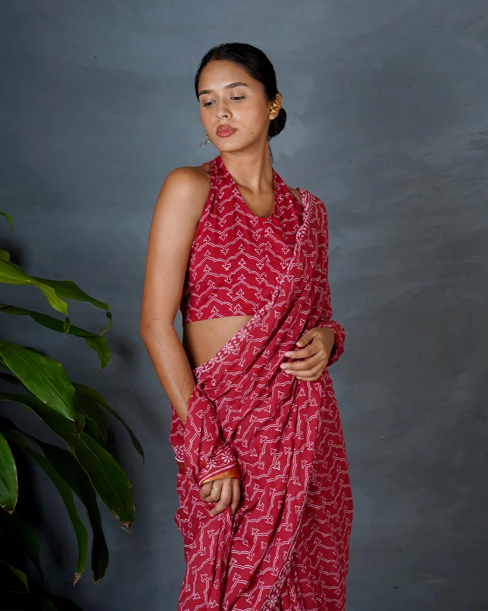 Roopika Red Hand Block Printed Cotton Saree-MYA - Image 5