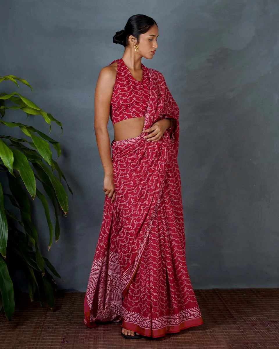 Roopika Red Hand Block Printed Cotton Saree-MYA - Image 6
