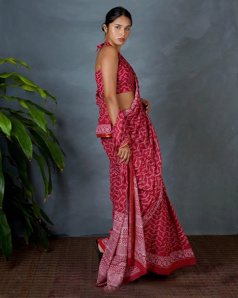 Roopika Red Hand Block Printed Cotton Saree-MYA - Image 7
