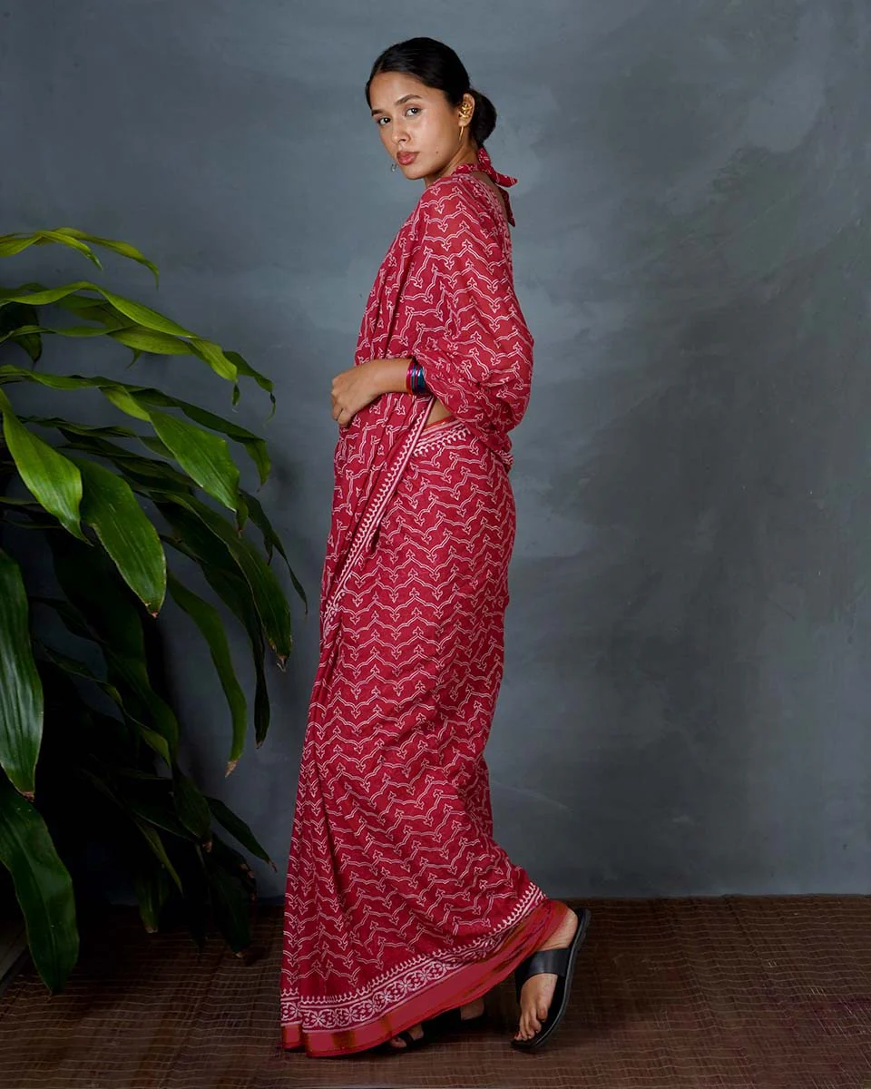 Roopika Red Hand Block Printed Cotton Saree-MYA - Image 8