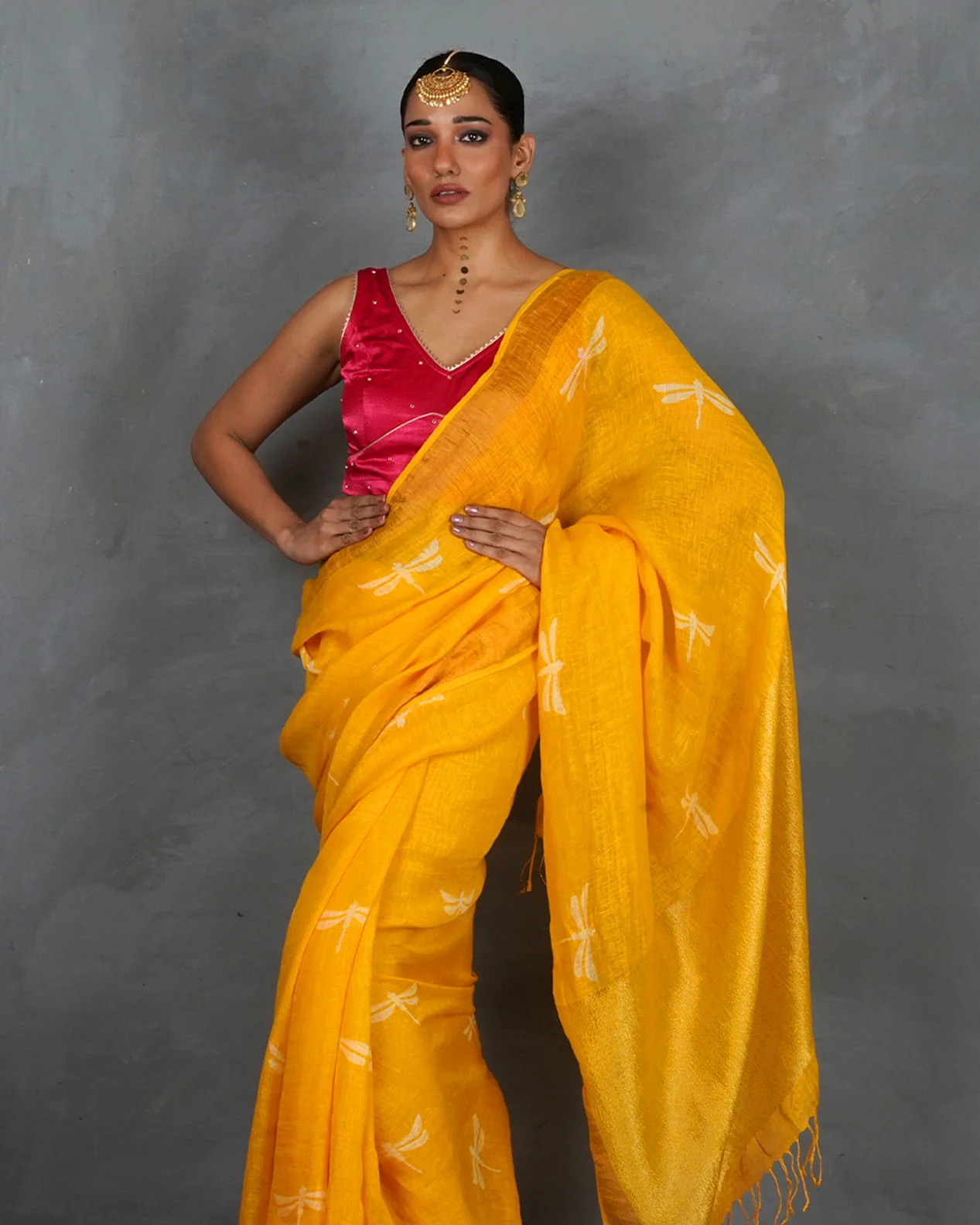 Roshni Yellow Handblock Linen Saree - TARA - Image 3