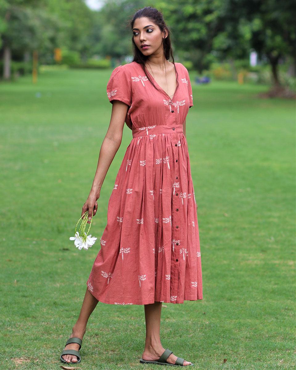 Rust Dragonfly Block Printed Cotton Dress-Mon - Image 2