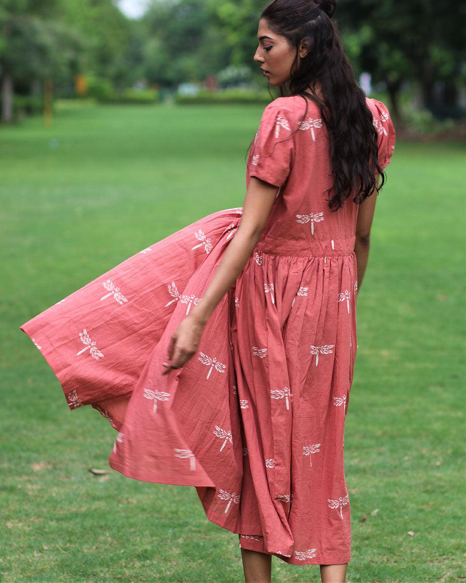 Rust Dragonfly Block Printed Cotton Dress-Mon - Image 4