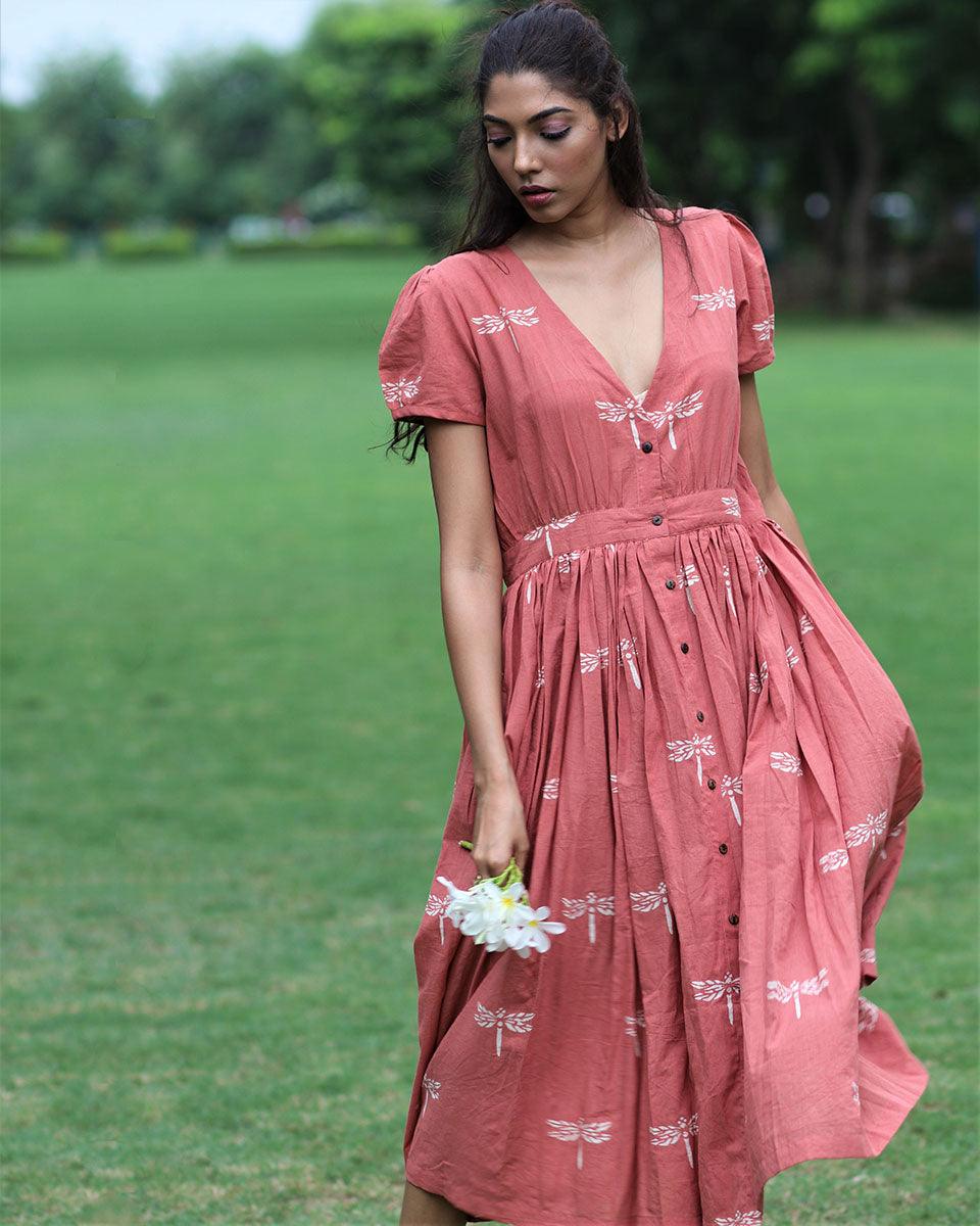 Rust Dragonfly Block Printed Cotton Dress-Mon - Image 7