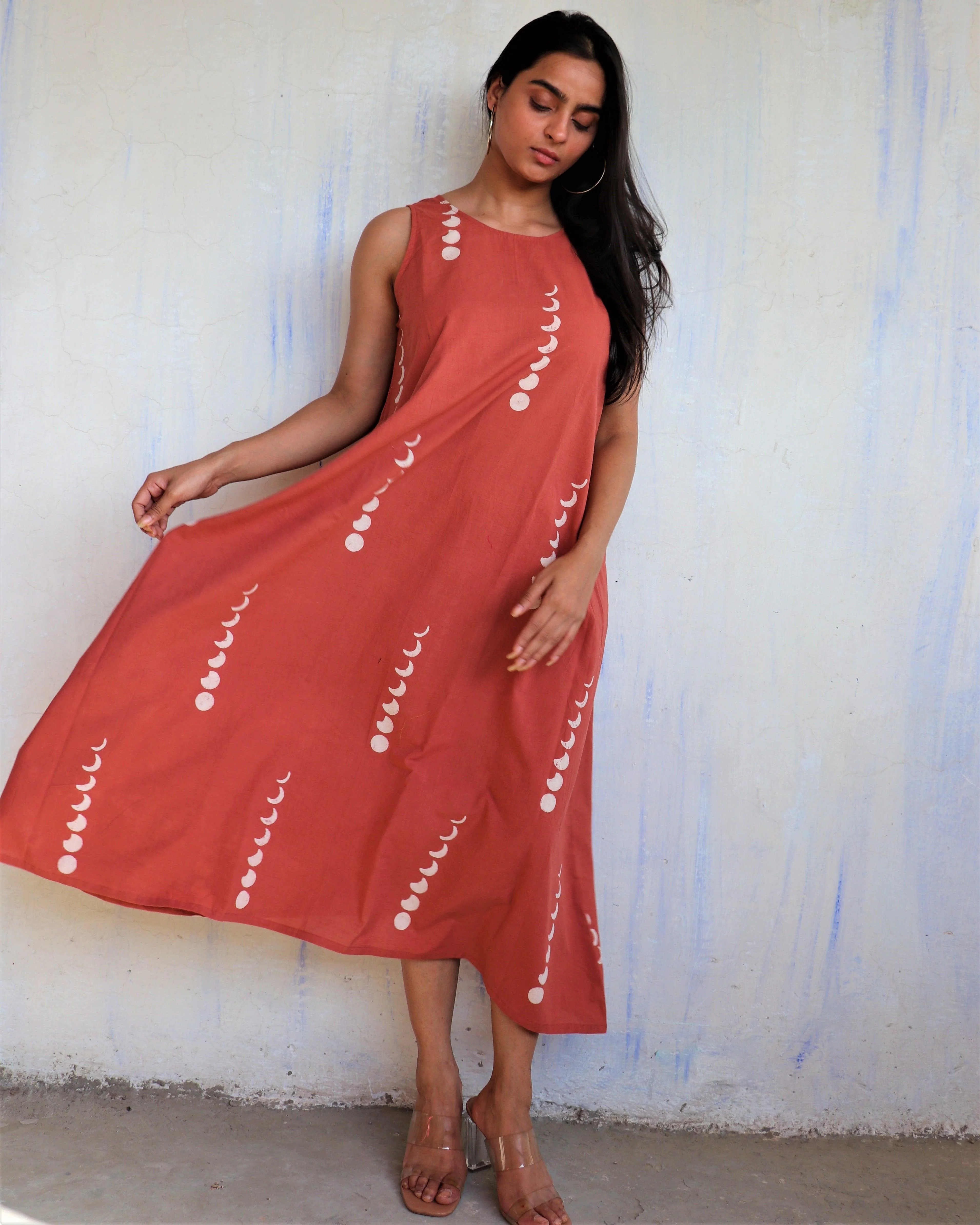 Rust Eclipse Sleeveless Block Printed Cotton Dress - Ib - Image 2
