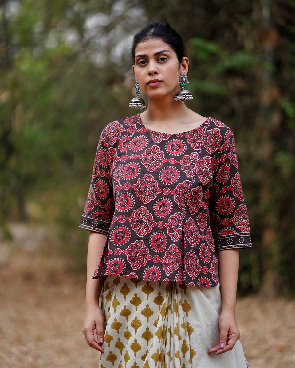 Saanjh Dhale Brown Block Printed Cotton Top - WW