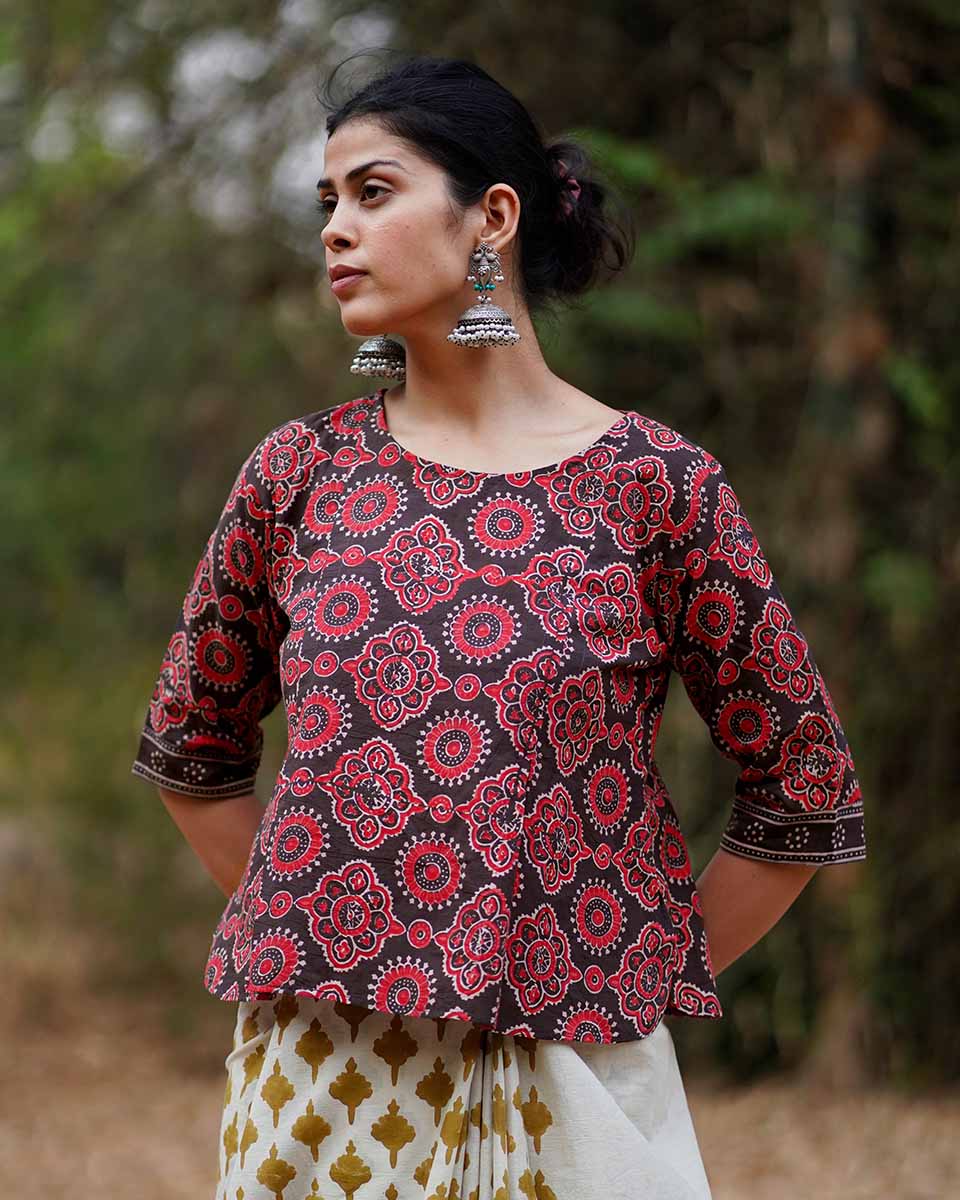 Saanjh Dhale Brown Block Printed Cotton Top - WW - Image 2