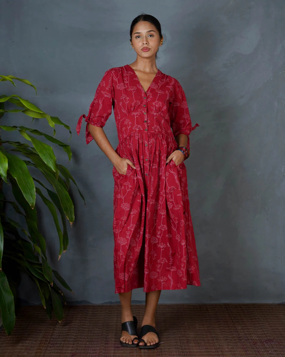 Saanjhika Red Hand Block Printed Cotton Dress-MYA