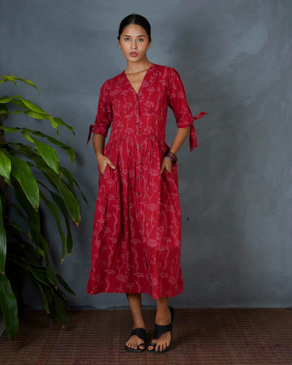 Saanjhika Red Hand Block Printed Cotton Dress-MYA - Image 2