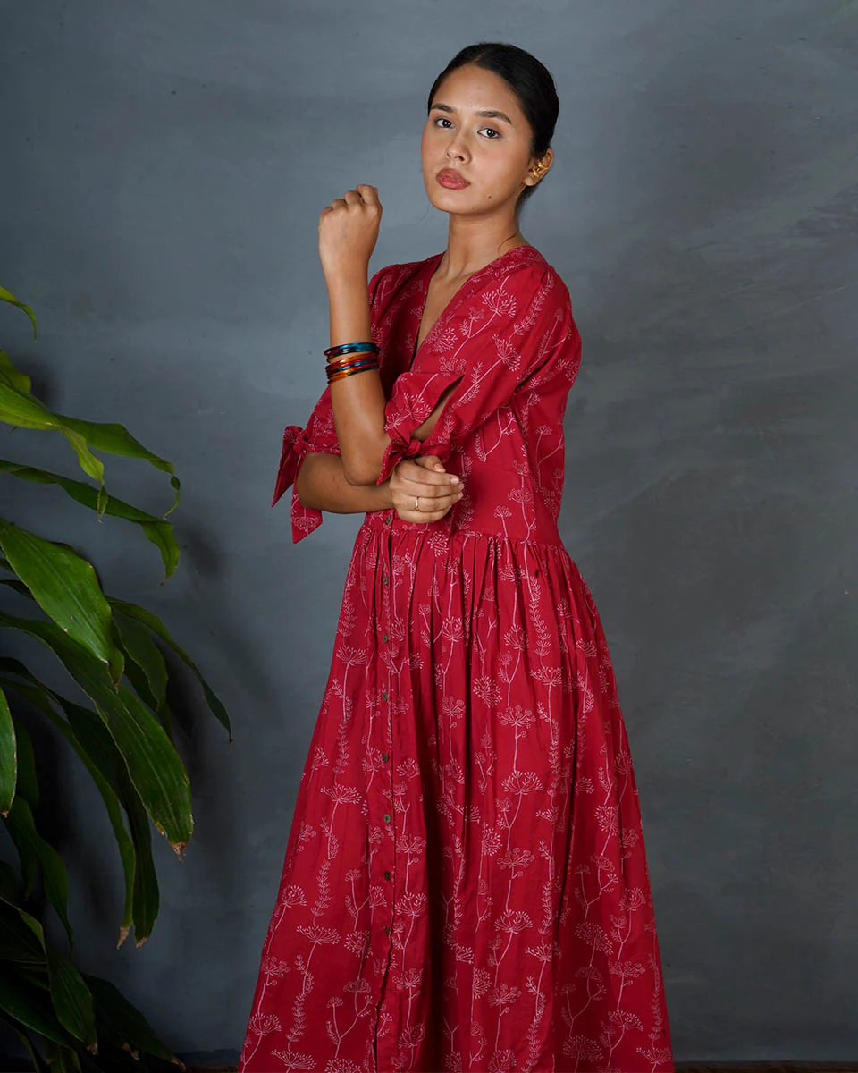 Saanjhika Red Hand Block Printed Cotton Dress-MYA - Image 8